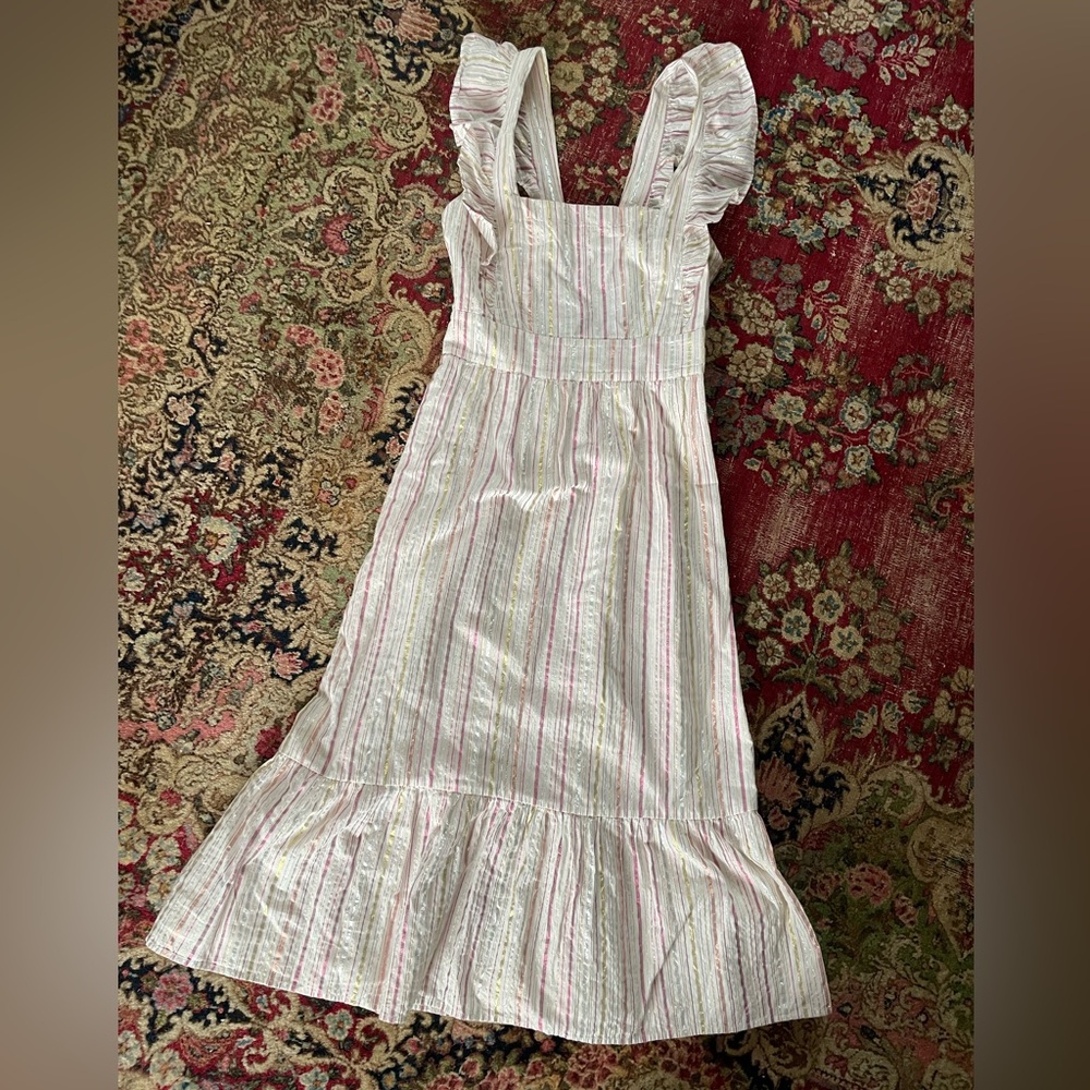 Gently preowned LOFT sundress pinafore lurex stripes ruffle hem 0